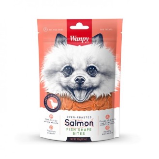 Wanpy Salmon Fish Shape Bites 100 г - премиум клас хапки със сьомга, печено на фурна Wanpy Salmon Fish Shape Bites 100 г - премиум клас хапки със сьомга, печено на фурна