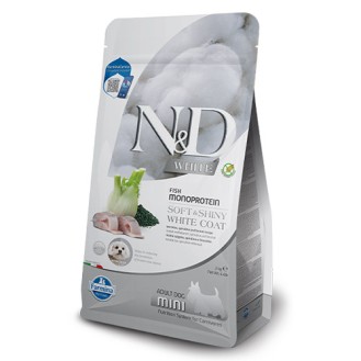 N&D White Dog Sea Bass, Spirulina & Fennel Adult MINI – монопротеинова храна за кучета с бяла козина от мини породи над 1 г., с лаврак, спирулина и фенел N&D White Dog Sea Bass, Spirulina & Fennel Adult MINI – монопротеинова храна за кучета с бяла козина от мини породи над 1 г., с лаврак, спирулина и фенел